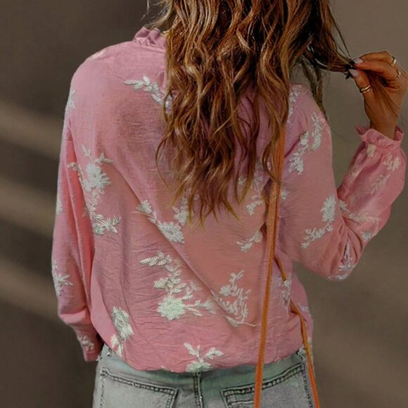 Bestselling Pink Casual Women's Embroidered Ruffle Hem Blouse top - Picture 3 of 6